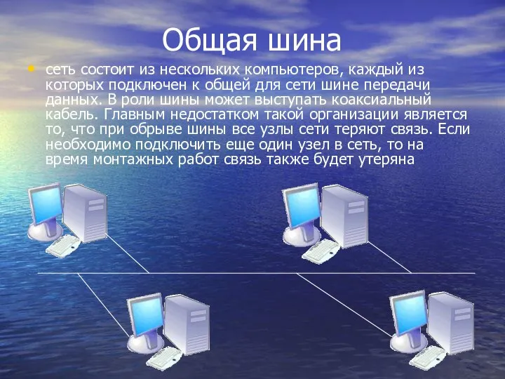 Общая шина сеть состоит из нескольких компьютеров, каждый из которых подключен