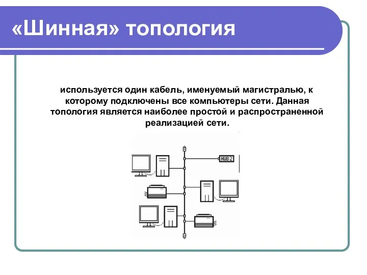 «Шинная» топология используется один кабель, именуемый магистралью, к которому подключены все