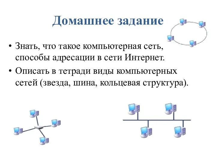 Домашнее задание Знать, что такое компьютерная сеть, способы адресации в сети