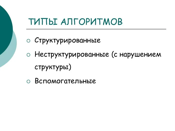 ТИПЫ АЛГОРИТМОВ Структурированные Неструктурированные (с нарушением структуры) Вспомогательные