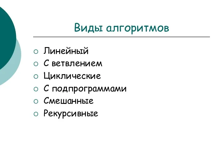 Виды алгоритмов Линейный С ветвлением Циклические С подпрограммами Смешанные Рекурсивные