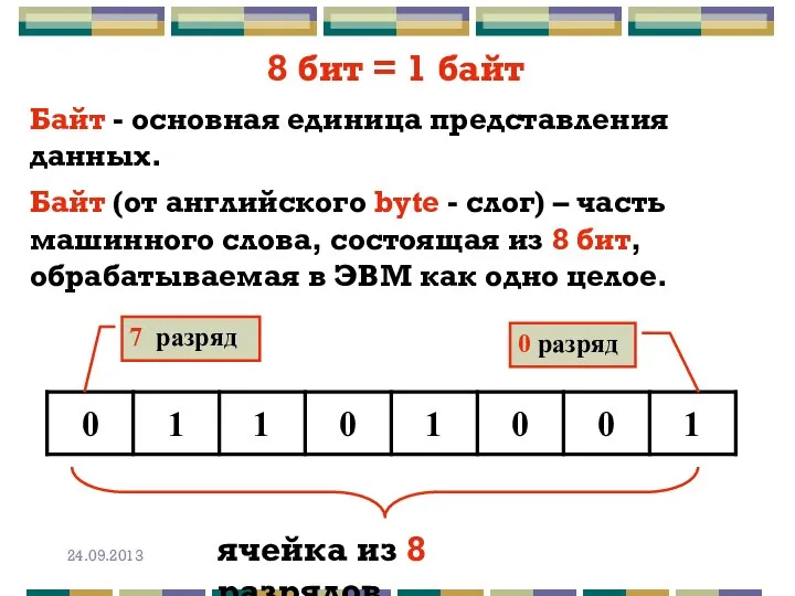 8 бит = 1 байт Байт - основная единица представления данных.