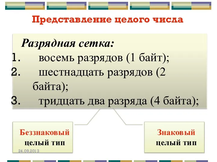 Представление целого числа Разрядная сетка: восемь разрядов (1 байт); шестнадцать разрядов