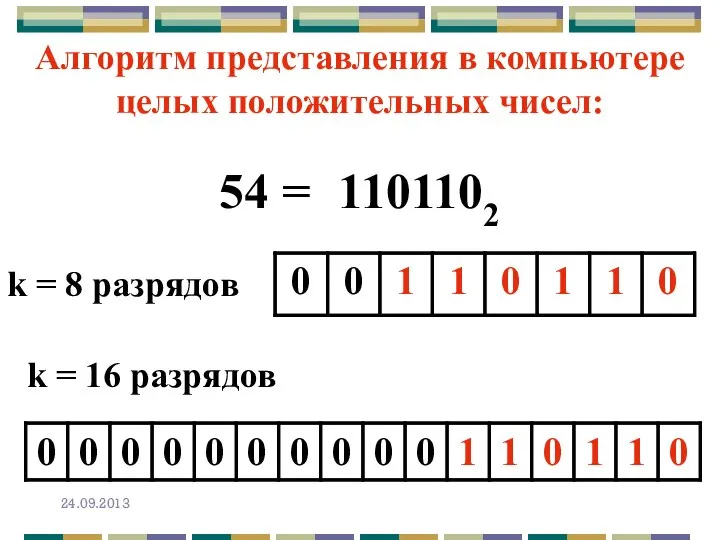 Алгоритм представления в компьютере целых положительных чисел: k = 16 разрядов