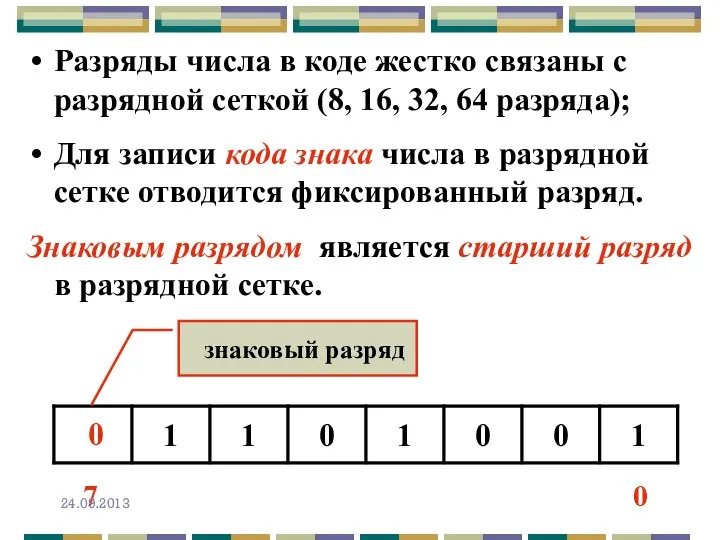 Разряды числа в коде жестко связаны с разрядной сеткой (8, 16,