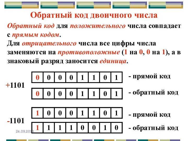 Обратный код для положительного числа совпадает с прямым кодом. Для отрицательного