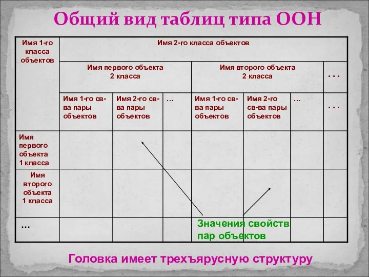 Общий вид таблиц типа ООН Значения свойств пар объектов Головка имеет трехъярусную структуру