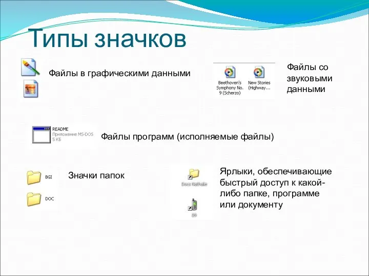 Типы значков Файлы в графическими данными Файлы со звуковыми данными Файлы