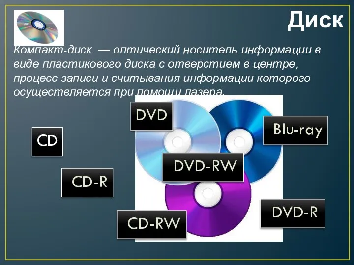 Диск CD DVD Компакт-диск — оптический носитель информации в виде пластикового
