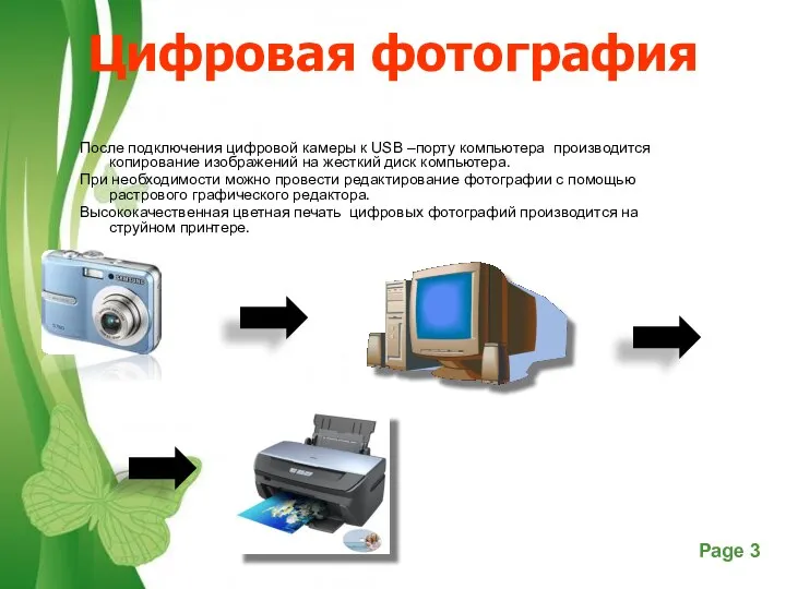 Цифровая фотография После подключения цифровой камеры к USB –порту компьютера производится