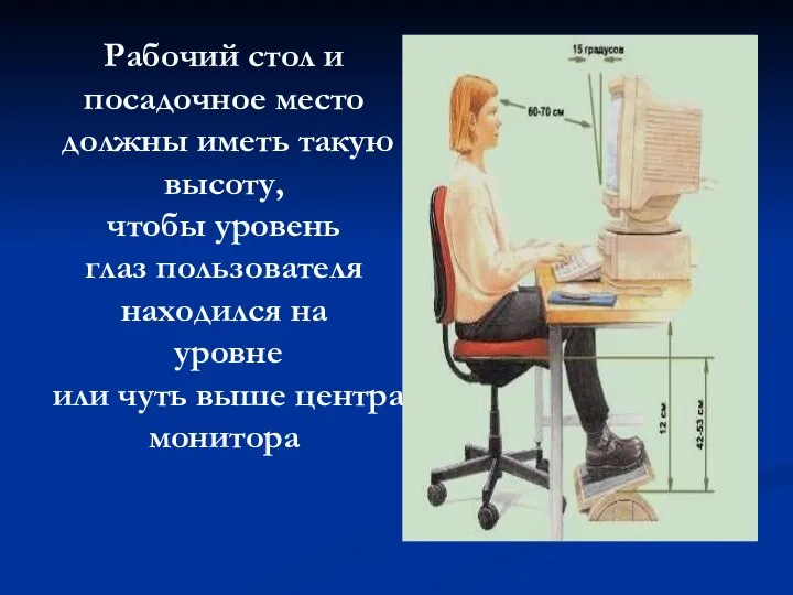 Рабочий стол и посадочное место должны иметь такую высоту, чтобы уровень