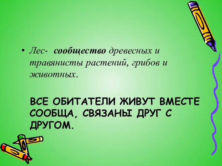 Лес- сообщество древесных и травянисты растений, грибов и животных. ВСЕ ОБИТАТЕЛИ