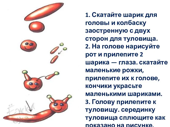 1. Скатайте шарик для головы и колбаску заостренную с двух сторон