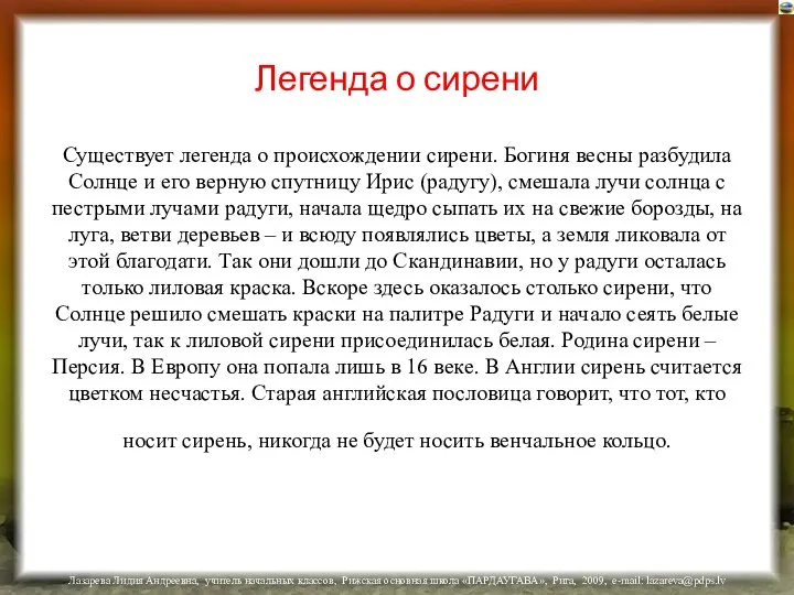 Легенда о сирени Существует легенда о происхождении сирени. Богиня весны разбудила