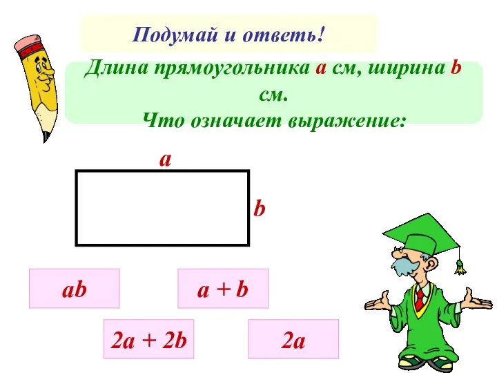 Подумай и ответь! Длина прямоугольника а см, ширина b cм. Что