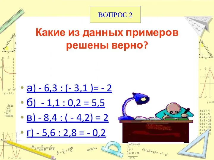 Какие из данных примеров решены верно? а) - 6,3 : (-