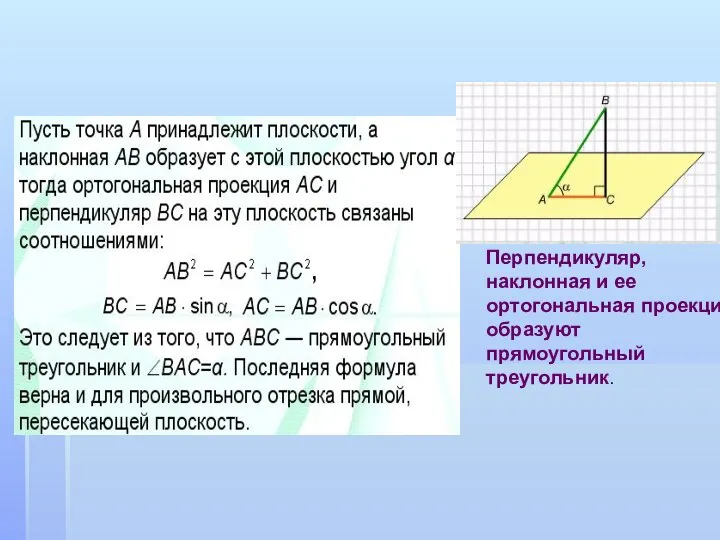 Перпендикуляр, наклонная и ее ортогональная проекция образуют прямоугольный треугольник.