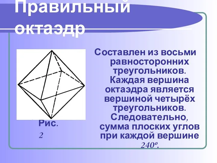 Составлен из восьми равносторонних треугольников. Каждая вершина октаэдра является вершиной четырёх