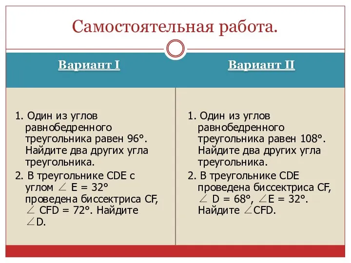 Вариант I Вариант II 1. Один из углов равнобедренного треугольника равен