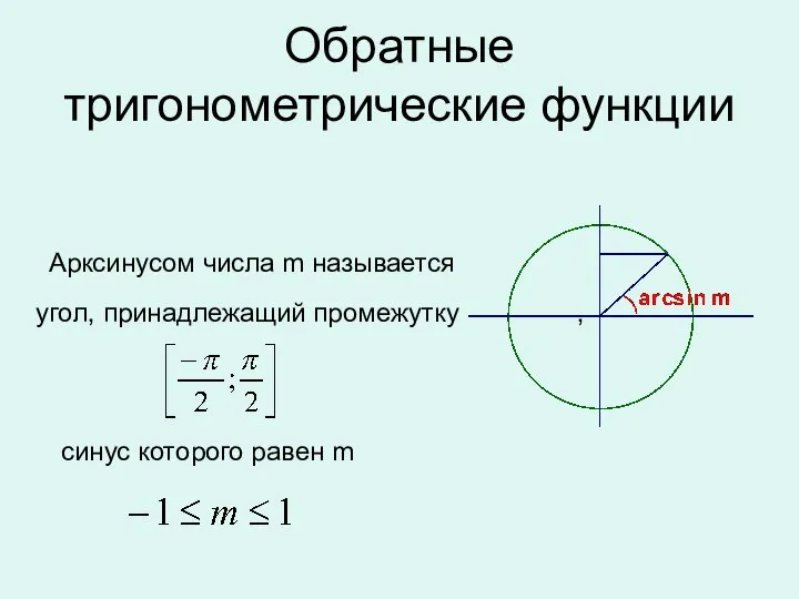 угол, принадлежащий промежутку , Аркcинусом числа m называется Обратные тригонометрические функции синус которого равен m