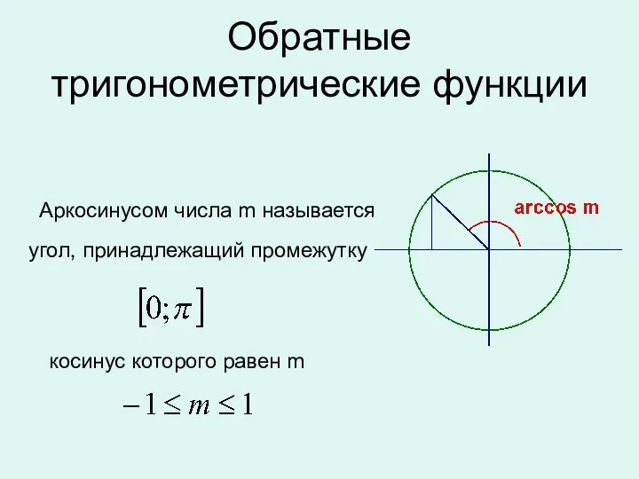 угол, принадлежащий промежутку Аркосинусом числа m называется Обратные тригонометрические функции косинус которого равен m