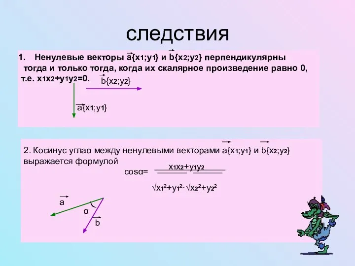 следствия Ненулевые векторы а{x1;y1} и b{x2;y2} перпендикулярны тогда и только тогда,