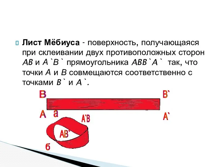 Лист Мёбиуса - поверхность, получающаяся при склеивании двух противоположных сторон AB