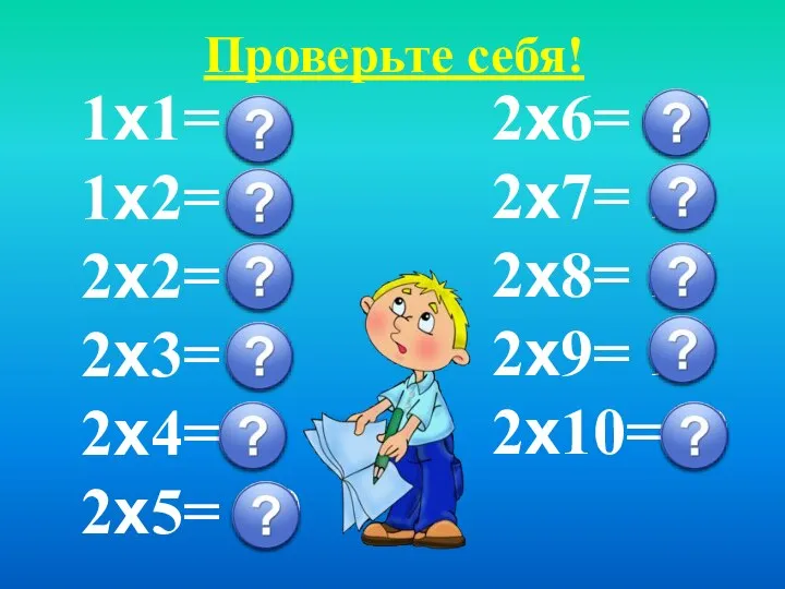 Проверьте себя! 1х1= 1 1х2= 2 2х2= 4 2х3= 6 2х4=