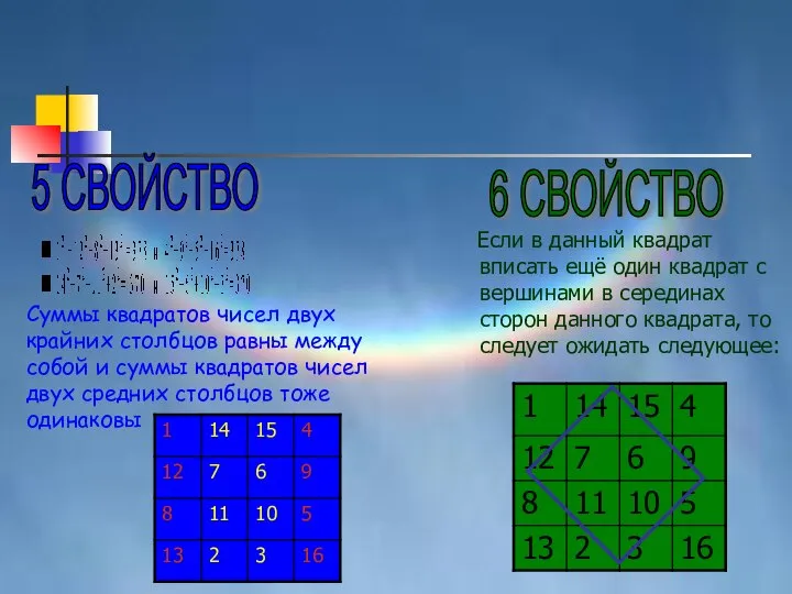 Суммы квадратов чисел двух крайних столбцов равны между собой и суммы