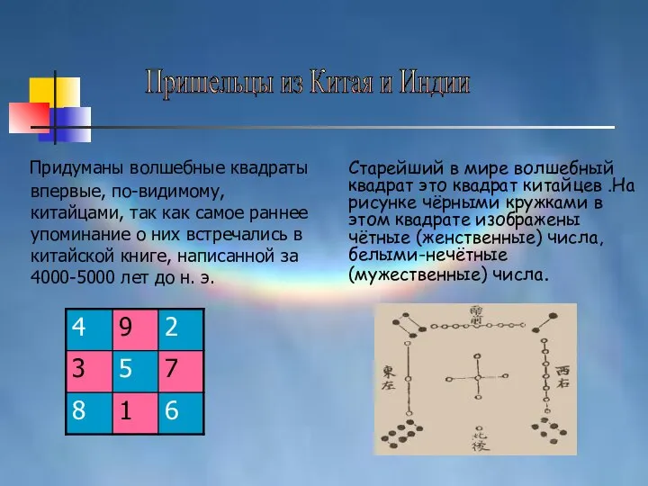 Придуманы волшебные квадраты впервые, по-видимому, китайцами, так как самое раннее упоминание