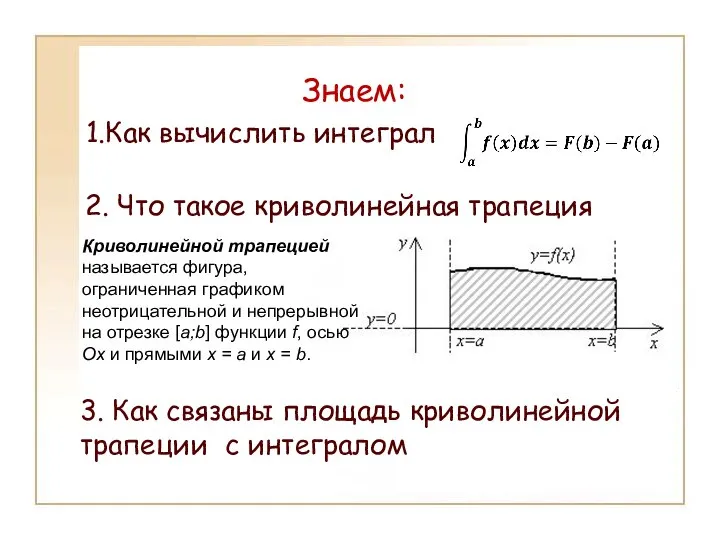 Знаем: 1.Как вычислить интеграл 2. Что такое криволинейная трапеция 3. Как