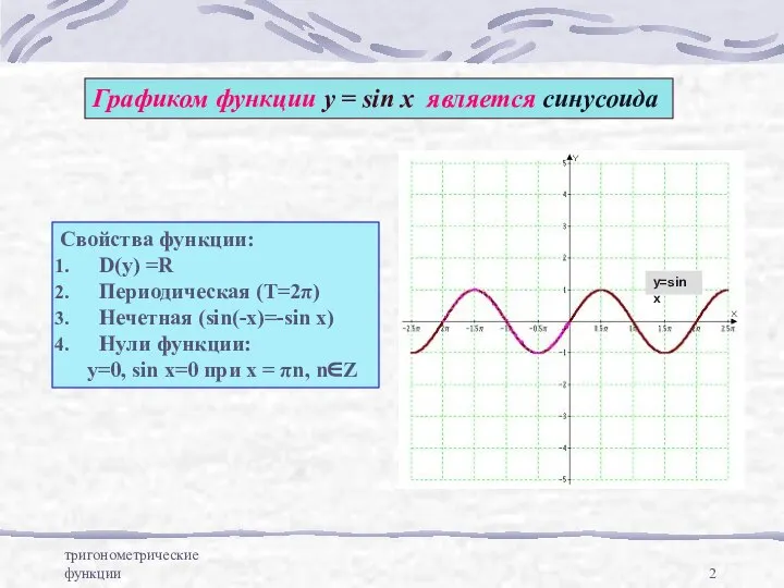 тригонометрические функции Графиком функции у = sin x является синусоида Свойства