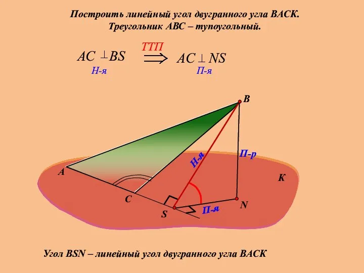 Построить линейный угол двугранного угла ВАСК. Треугольник АВС – тупоугольный. А