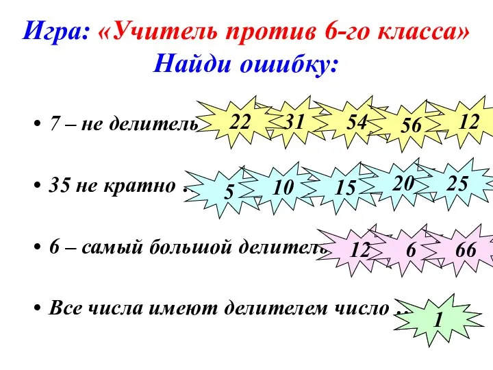 Игра: «Учитель против 6-го класса» Найди ошибку: 7 – не делитель