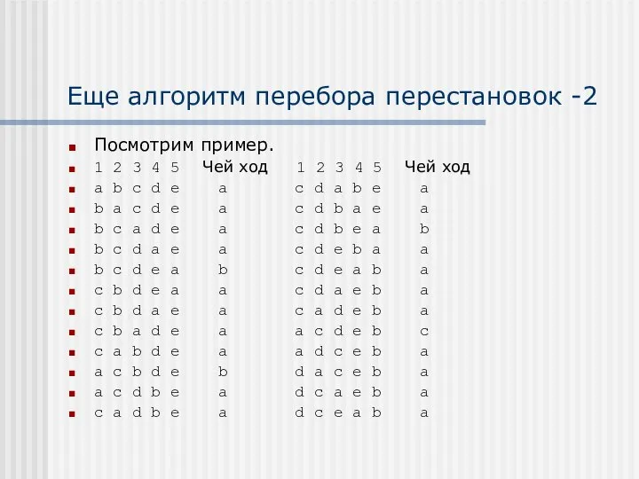 Еще алгоритм перебора перестановок -2 Посмотрим пример. 1 2 3 4