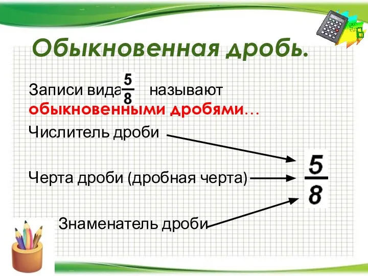 Обыкновенная дробь. Записи вида называют обыкновенными дробями… Числитель дроби Черта дроби (дробная черта) Знаменатель дроби