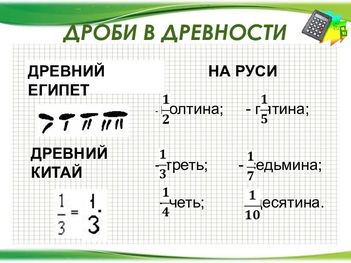 ДРОБИ В ДРЕВНОСТИ ДРЕВНИЙ ЕГИПЕТ ДРЕВНИЙ КИТАЙ НА РУСИ - полтина;