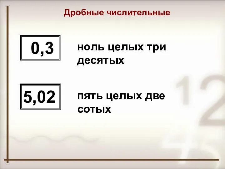 Дробные числительные 0,3 5,02 ноль целых три десятых пять целых две сотых