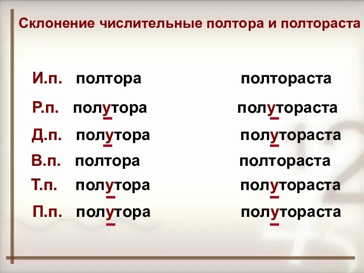 Склонение числительные полтора и полтораста И.п. полтора полтораста Р.п. полутора полутораста