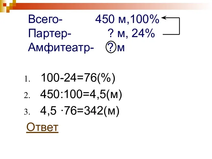 Всего- 450 м,100% Партер- ? м, 24% Амфитеатр- ? м 100-24=76(%) 450:100=4,5(м) 4,5 ·76=342(м) Ответ