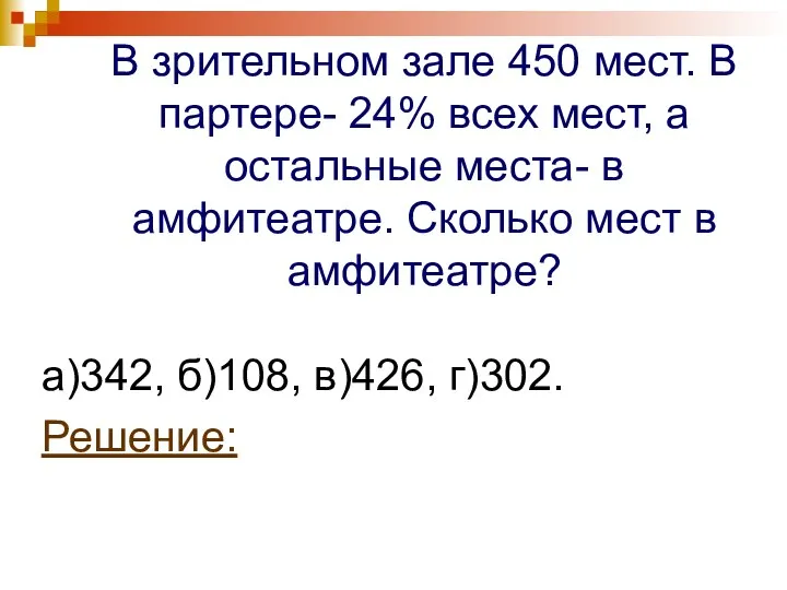 В зрительном зале 450 мест. В партере- 24% всех мест, а