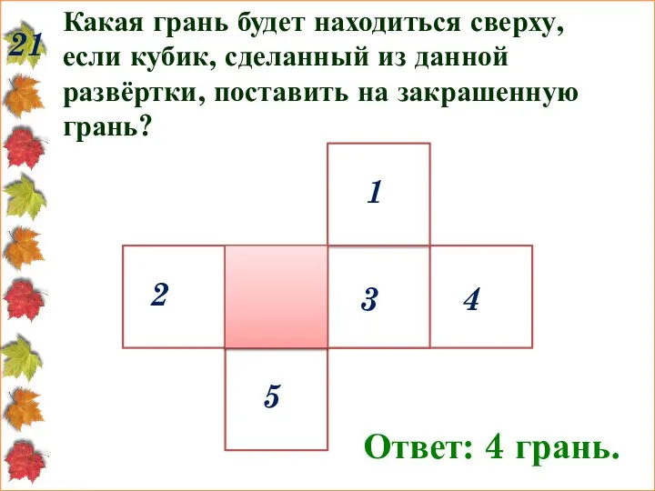 Какая грань будет находиться сверху, если кубик, сделанный из данной развёртки,