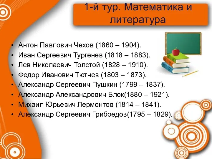 1-й тур. Математика и литература Антон Павлович Чехов (1860 – 1904).