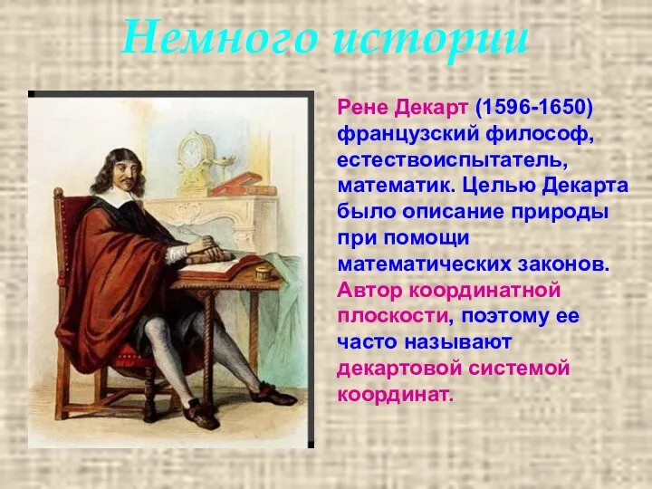 Немного истории Рене Декарт (1596-1650) французский философ, естествоиспытатель, математик. Целью Декарта
