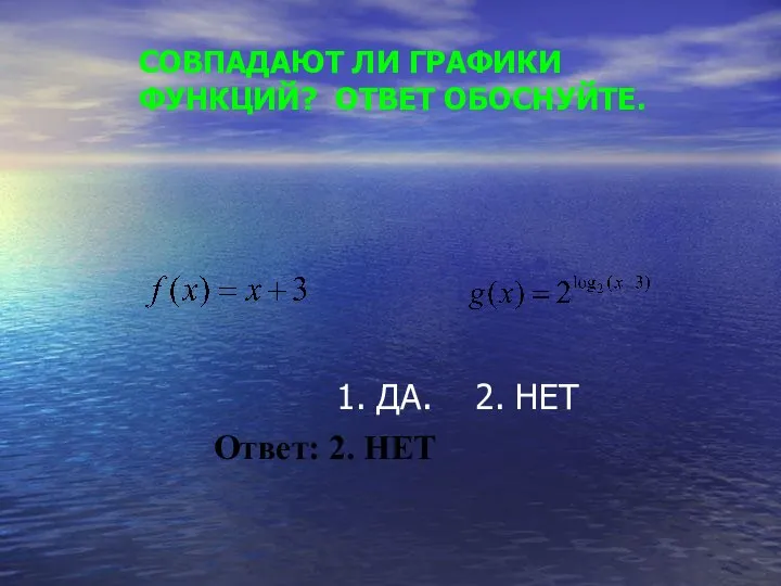 СОВПАДАЮТ ЛИ ГРАФИКИ ФУНКЦИЙ? ОТВЕТ ОБОСНУЙТЕ. 1. ДА. 2. НЕТ Ответ: 2. НЕТ