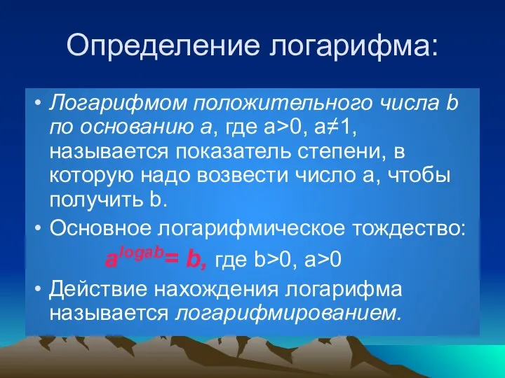 Определение логарифма: Логарифмом положительного числа b по основанию a, где a>0,