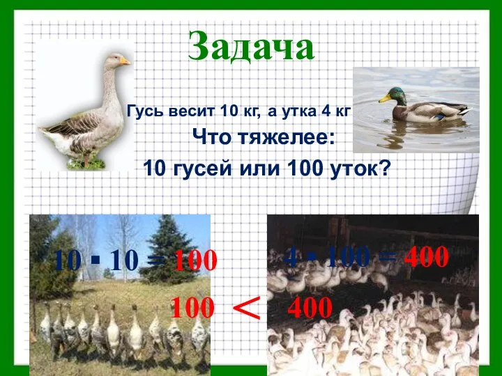 Задача Что тяжелее: 10 гусей или 100 уток? Гусь весит 10