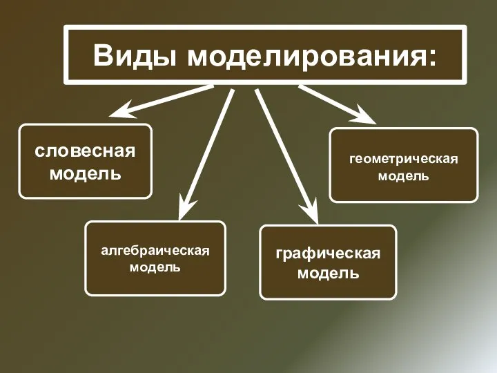 Виды моделирования: словесная модель геометрическая модель алгебраическая модель графическая модель