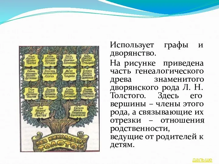 Использует графы и дворянство. На рисунке приведена часть генеалогического древа знаменитого