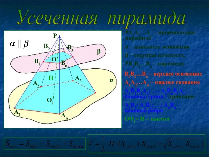 PA1A2…An – произвольная пирамида α – плоскость основания β – секущая